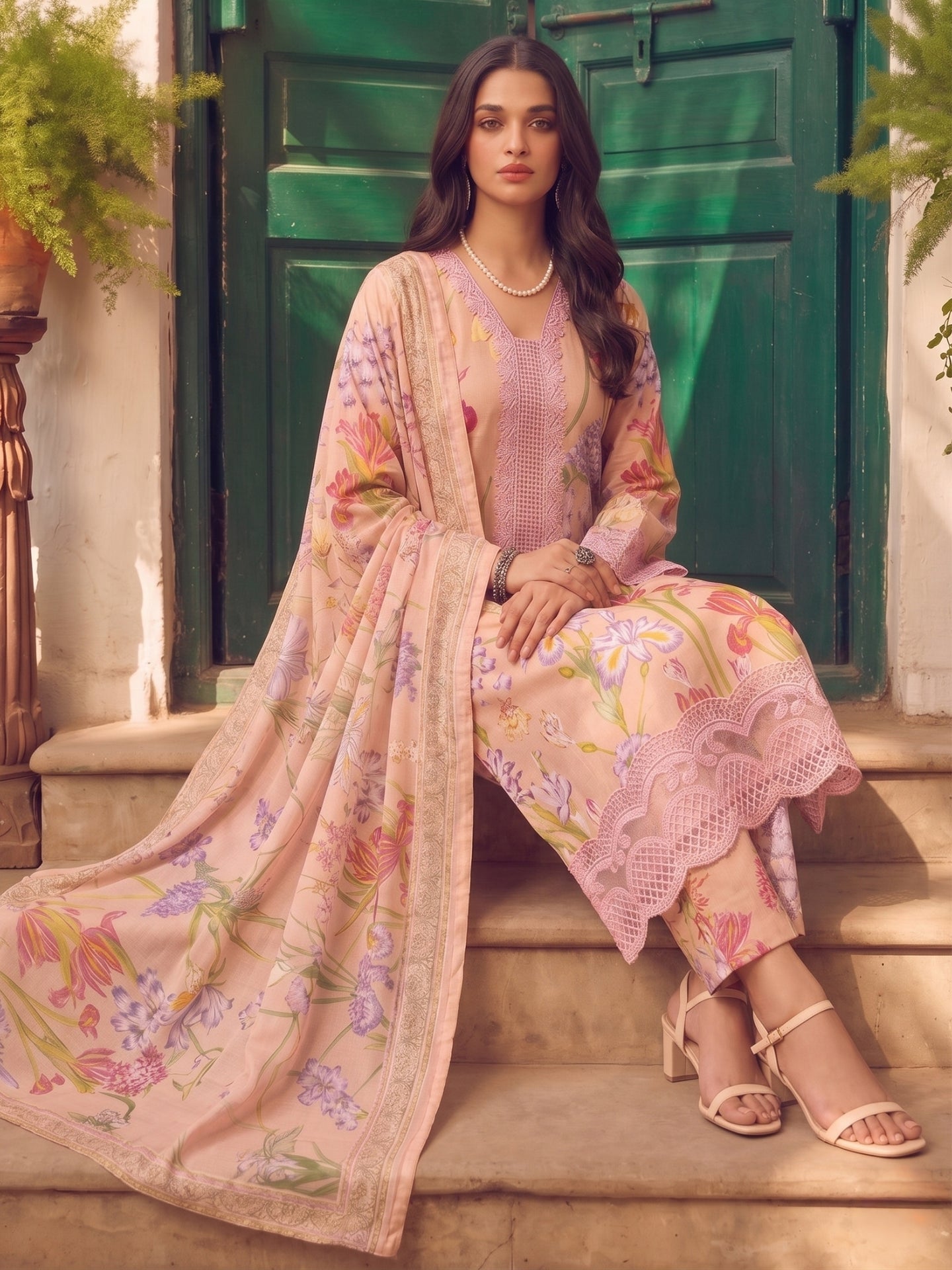 Blush Pink Floral Printed Cotton Lawn Kurta Set