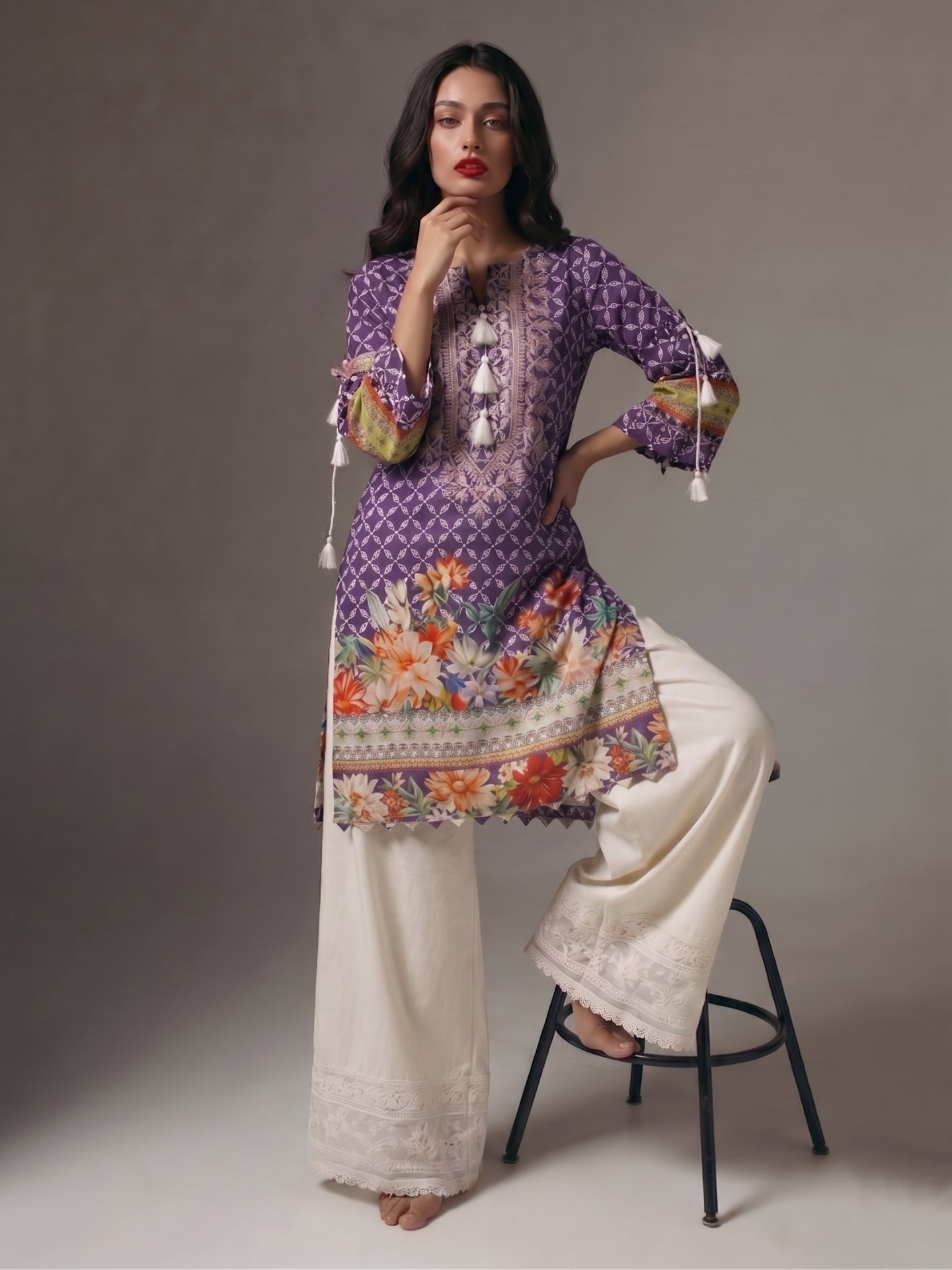 Floral Border Cotton Lawn Kurti
