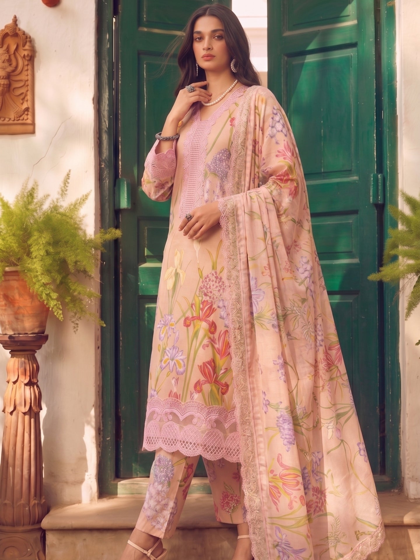 Blush Pink Floral Printed Cotton Lawn Kurta Set