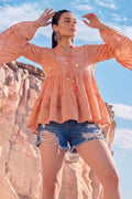 Peach Printed Tiered Boho Top with Bell Sleeves