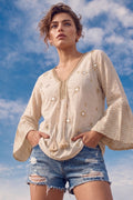 Ivory Mirror Embellished Boho Top with Chevron Flared Sleeves