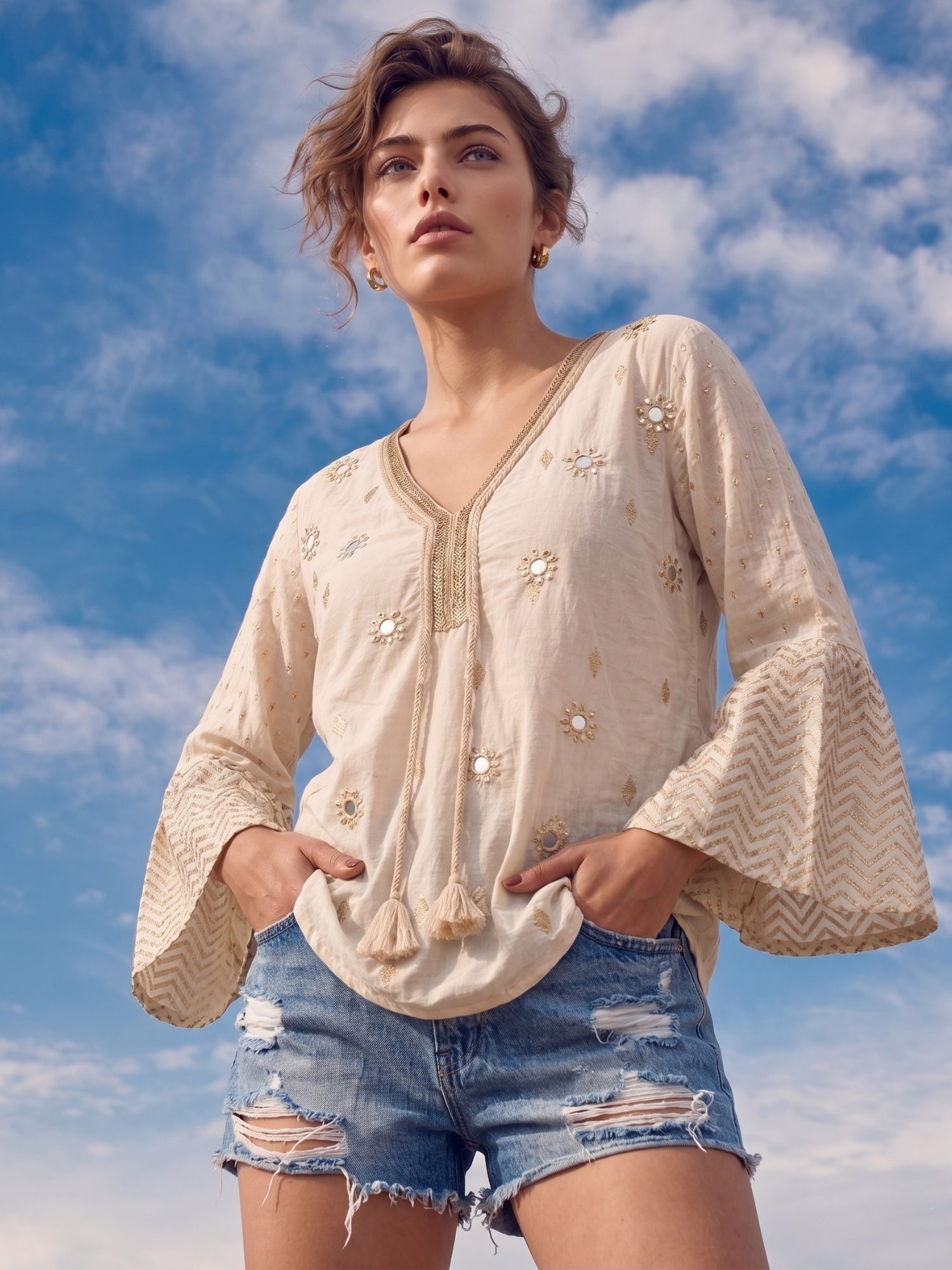Ivory Mirror Embellished Boho Top with Chevron Flared Sleeves