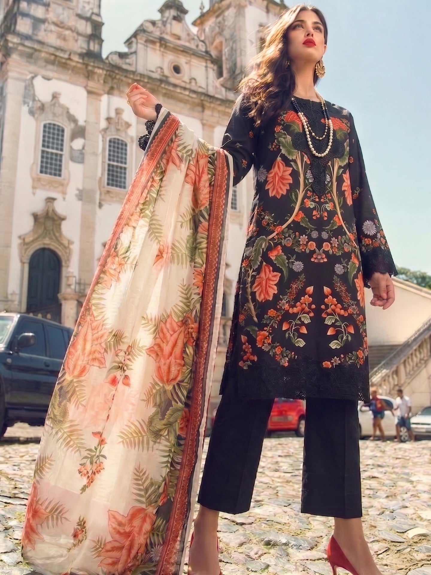 Midnight Black Floral Printed Kurta Set with Dupatta