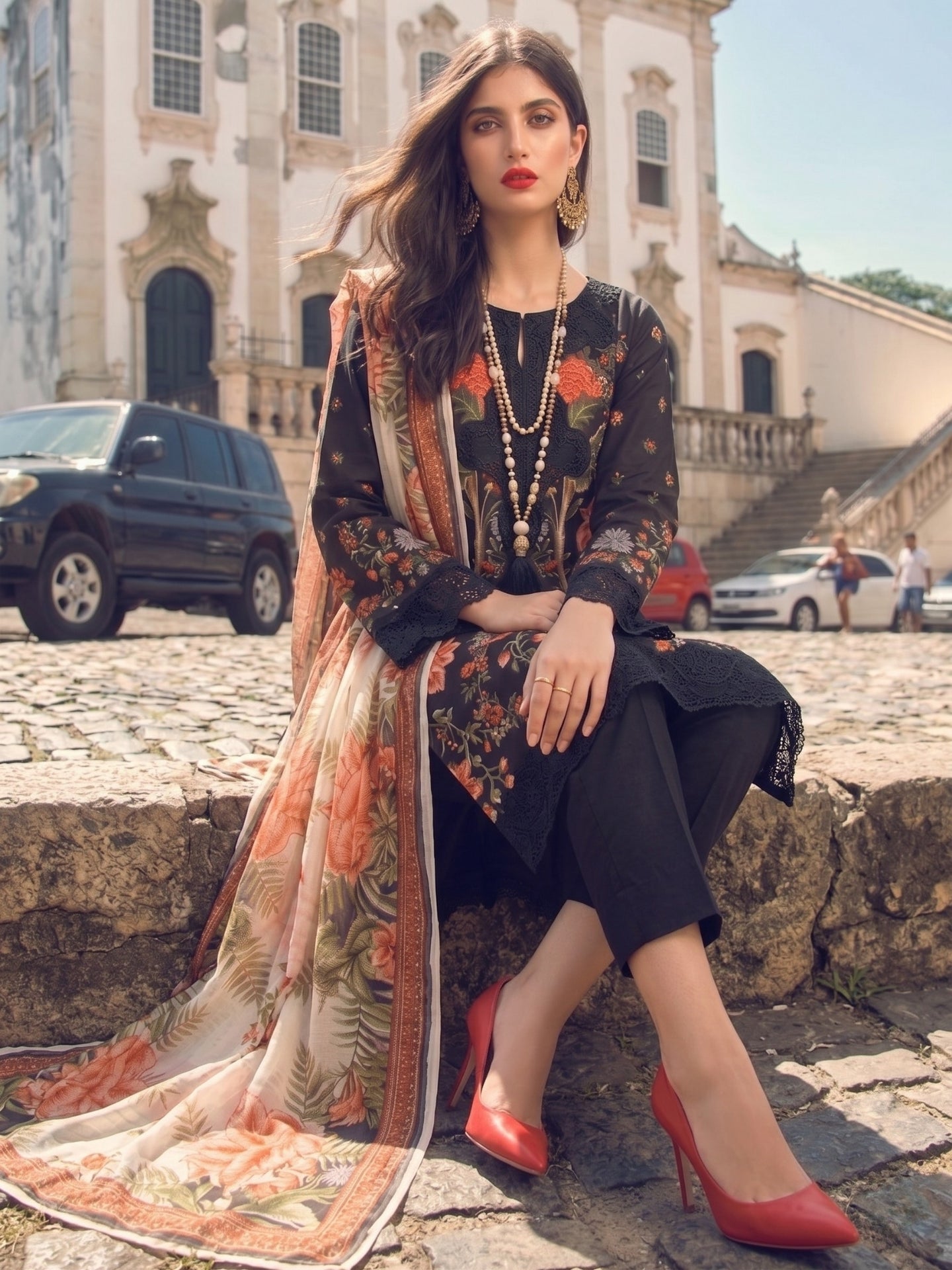 Midnight Black Floral Printed Kurta Set with Dupatta