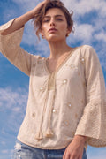 Ivory Mirror Embellished Boho Top with Chevron Flared Sleeves
