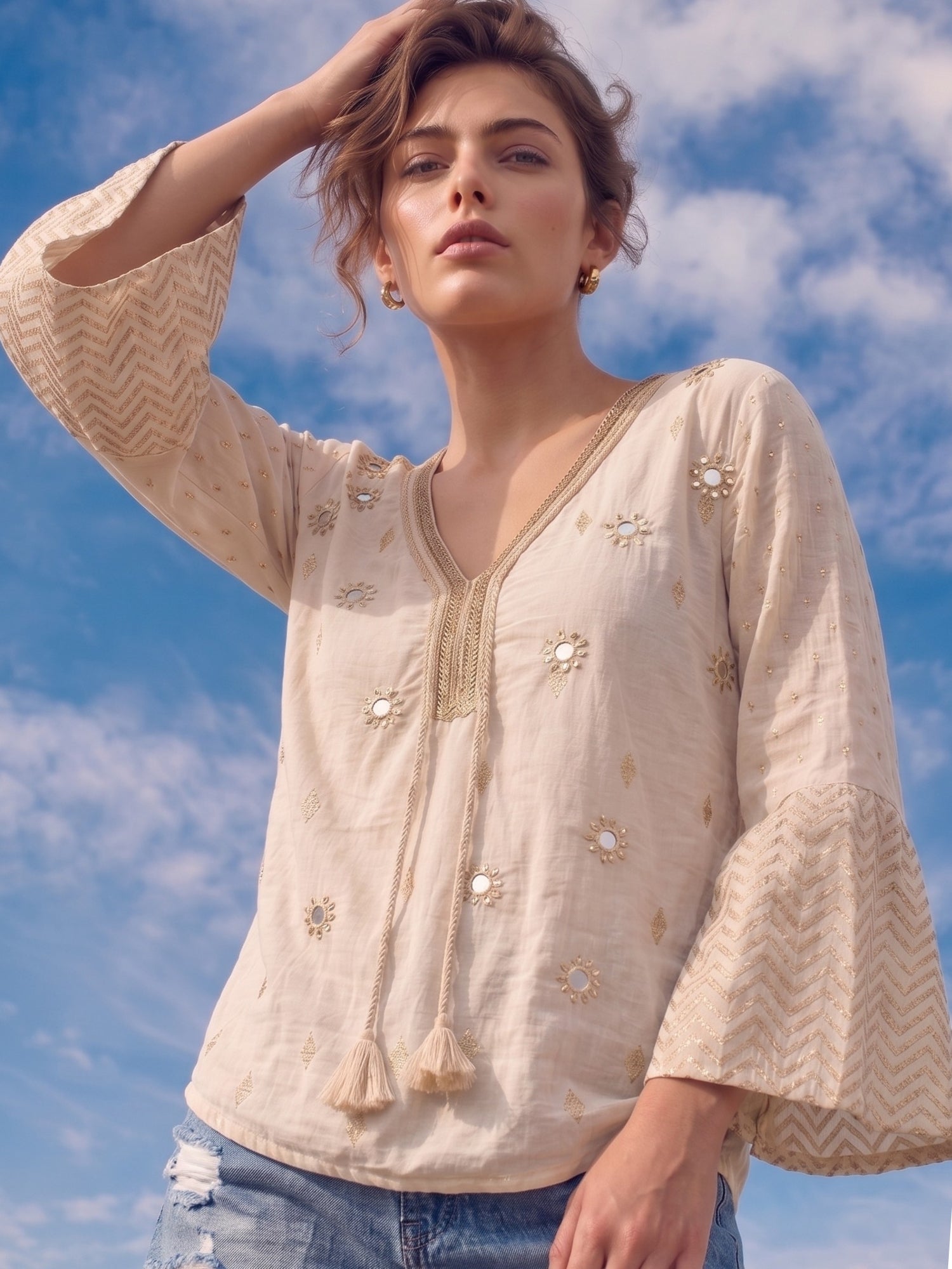 Ivory Mirror Embellished Boho Top with Chevron Flared Sleeves