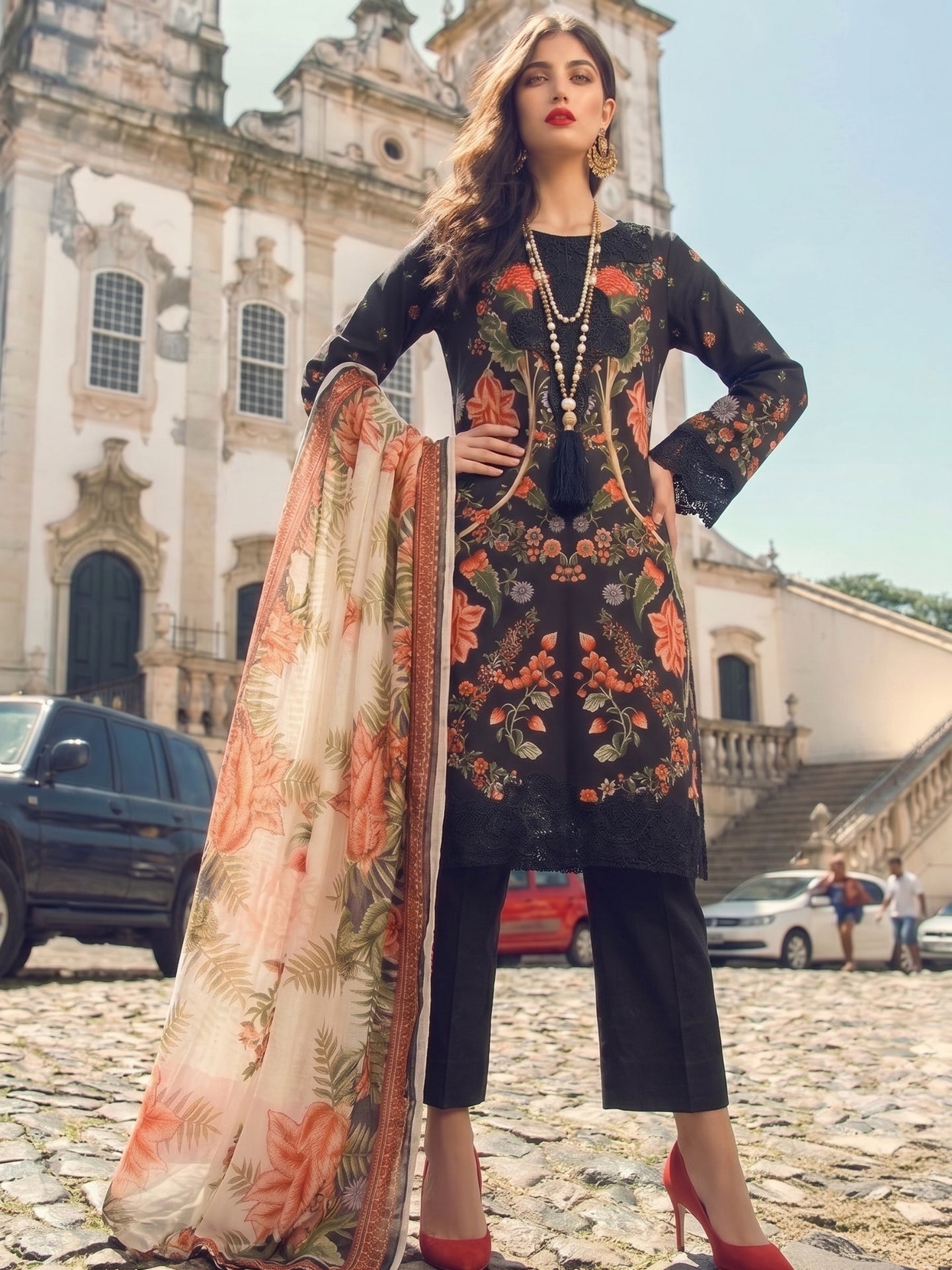 Midnight Black Floral Printed Kurta Set with Dupatta