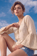 Ivory Mirror Embellished Boho Top with Chevron Flared Sleeves
