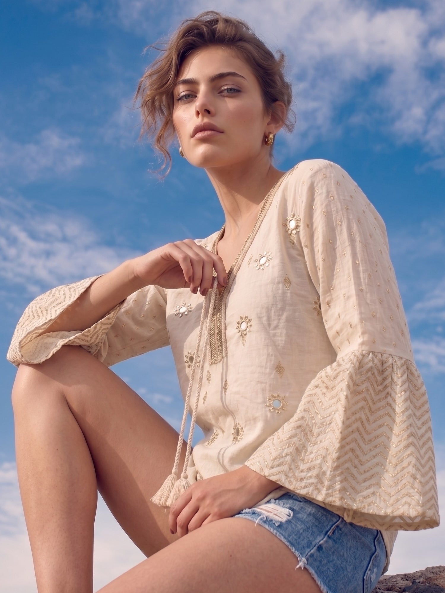 Ivory Mirror Embellished Boho Top with Chevron Flared Sleeves