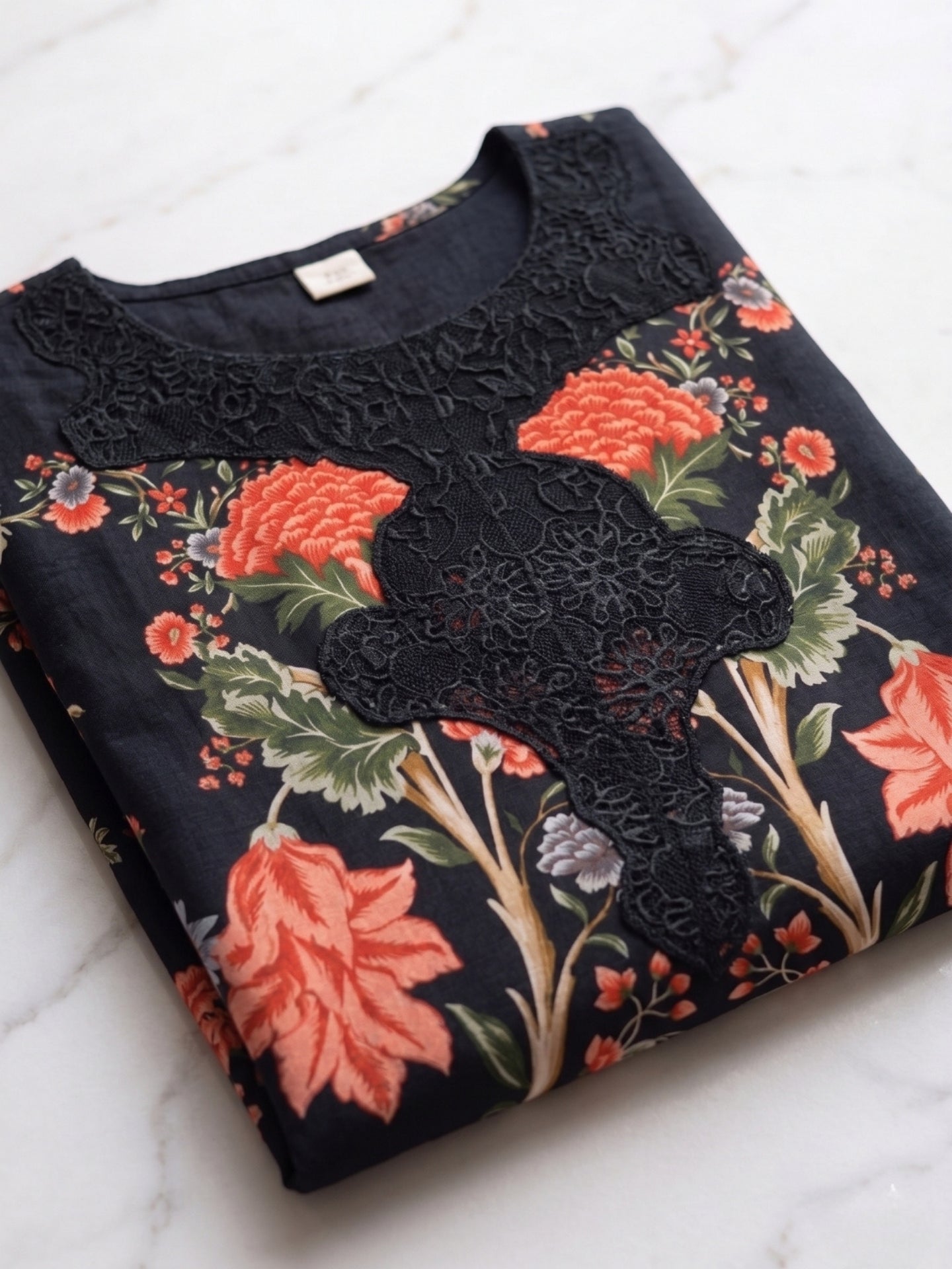 Midnight Black Floral Printed Kurta Set with Dupatta