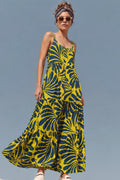 Yellow Tropical Print Empire Maxi Dress