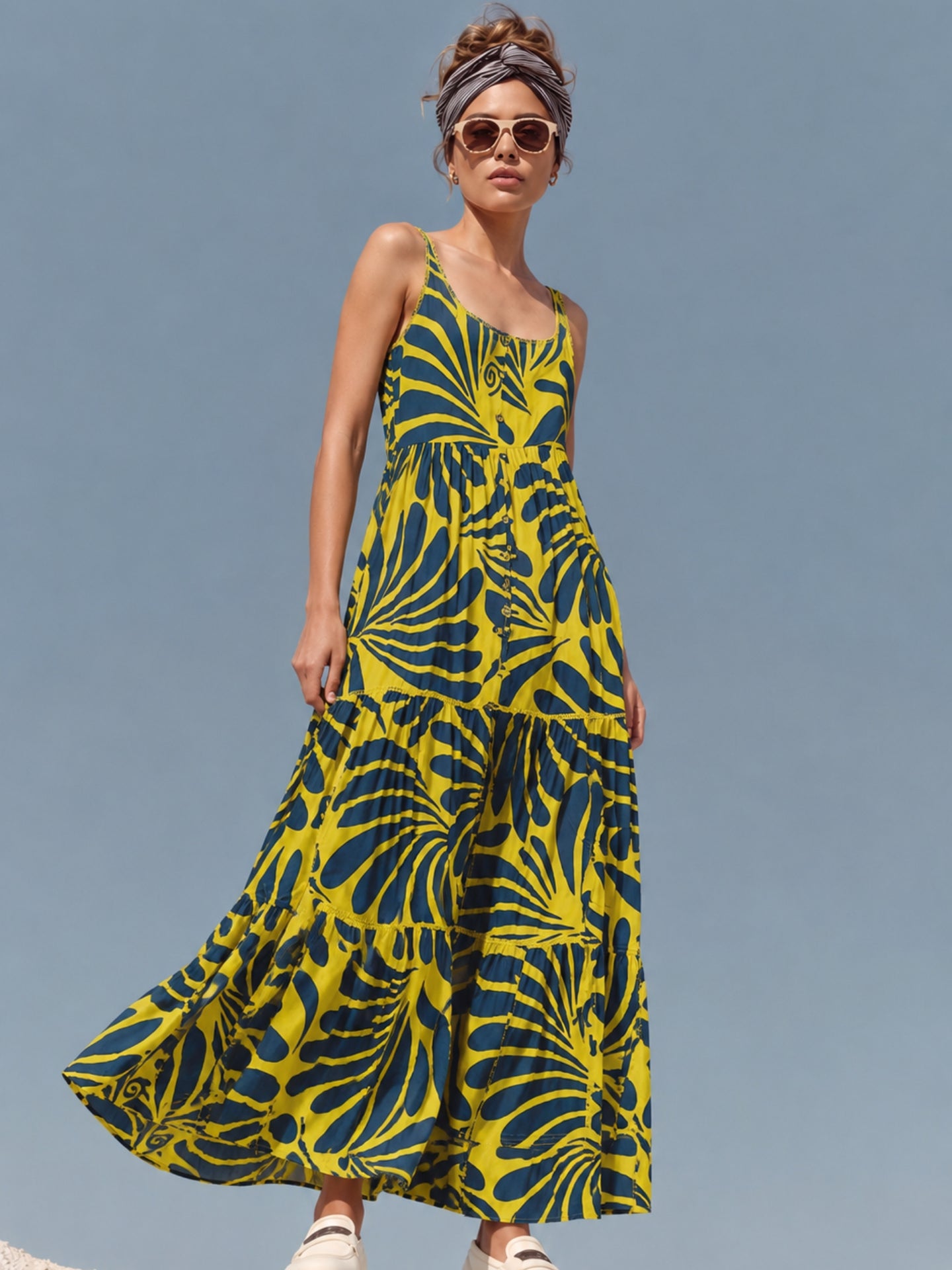 Yellow Tropical Print Empire Maxi Dress
