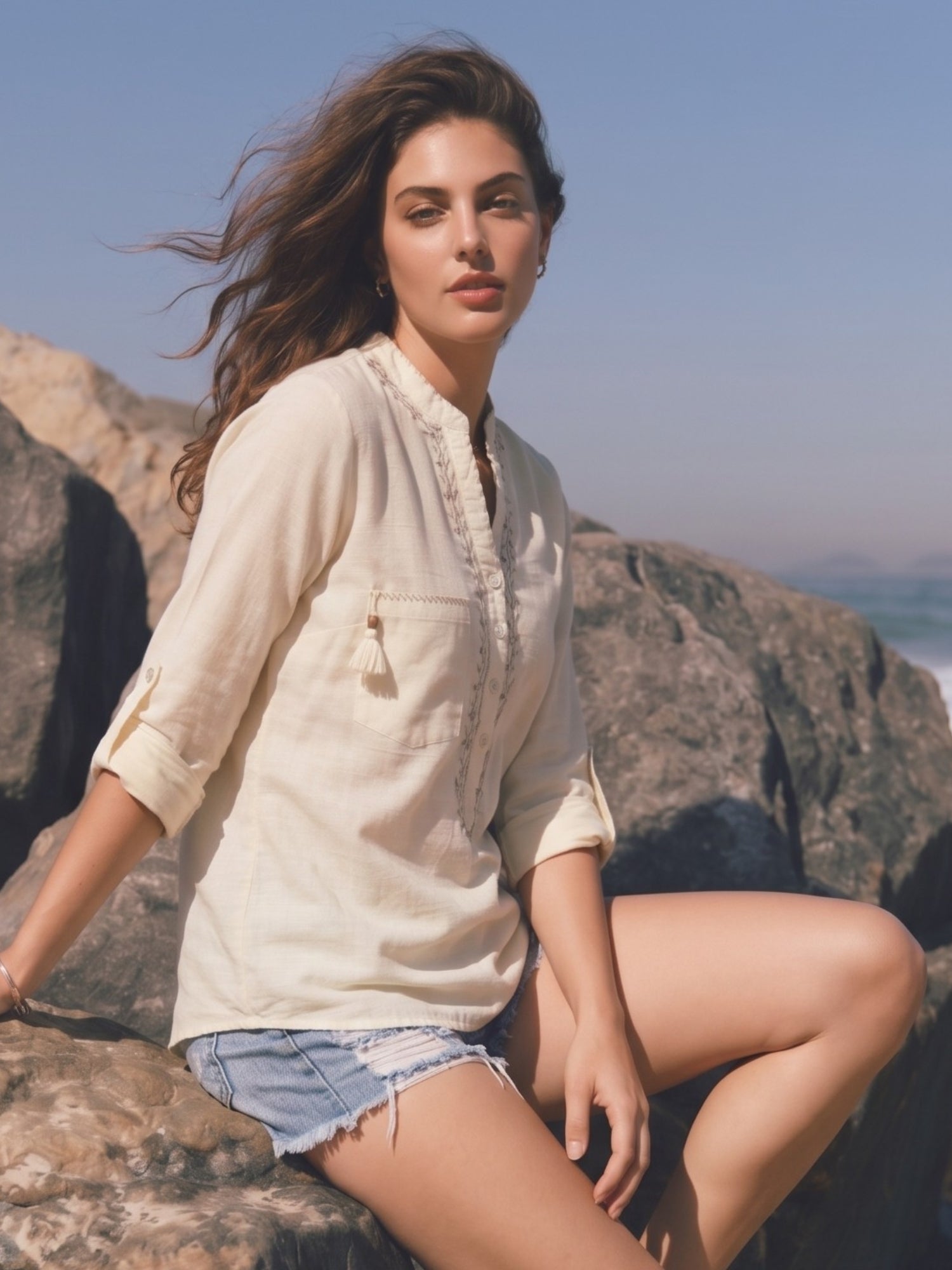 Off White Embroidered Utility Boho Top with Roll-Up Sleeves