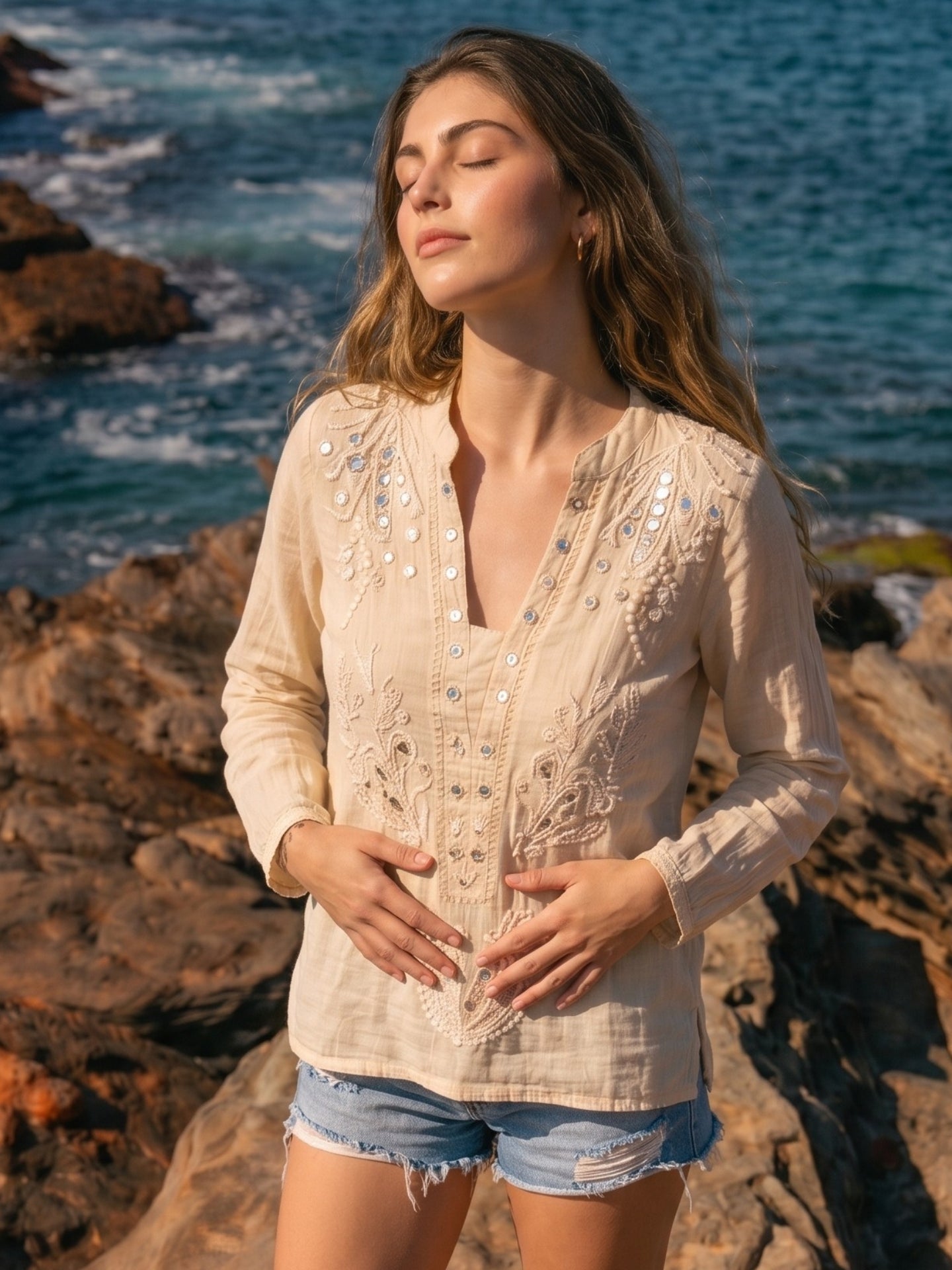 Sand Beige Sequin Embroidered Boho Top