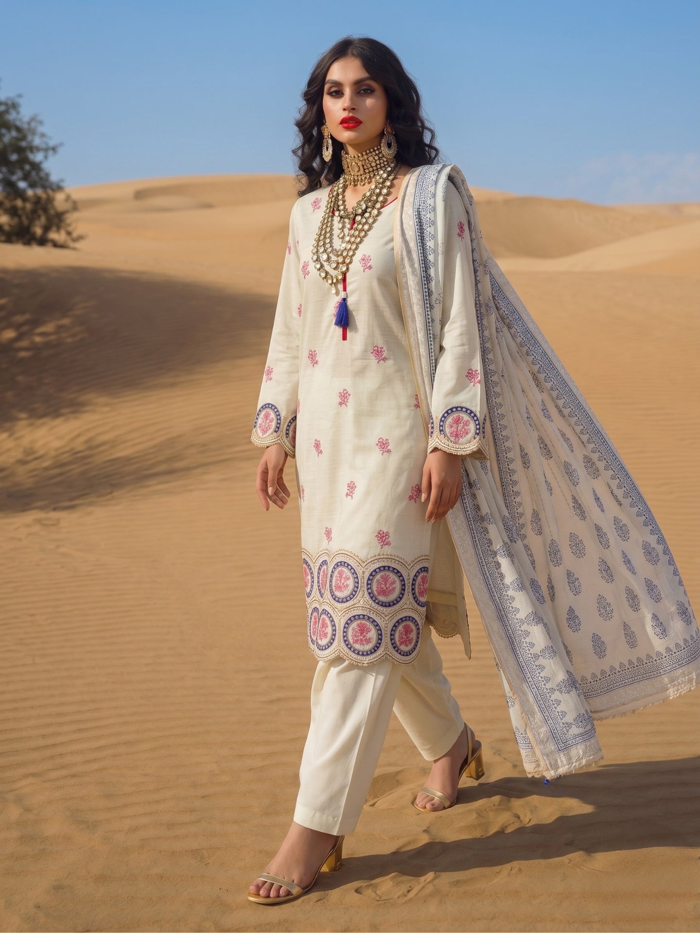 Ivory Floral Border Printed Kurta Set with Dupatta