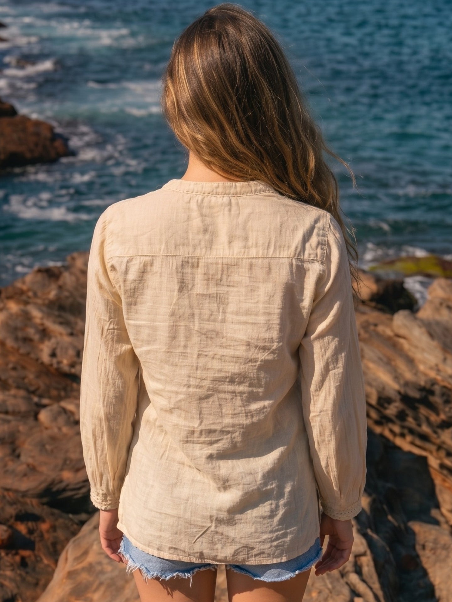 Sand Beige Sequin Embroidered Boho Top