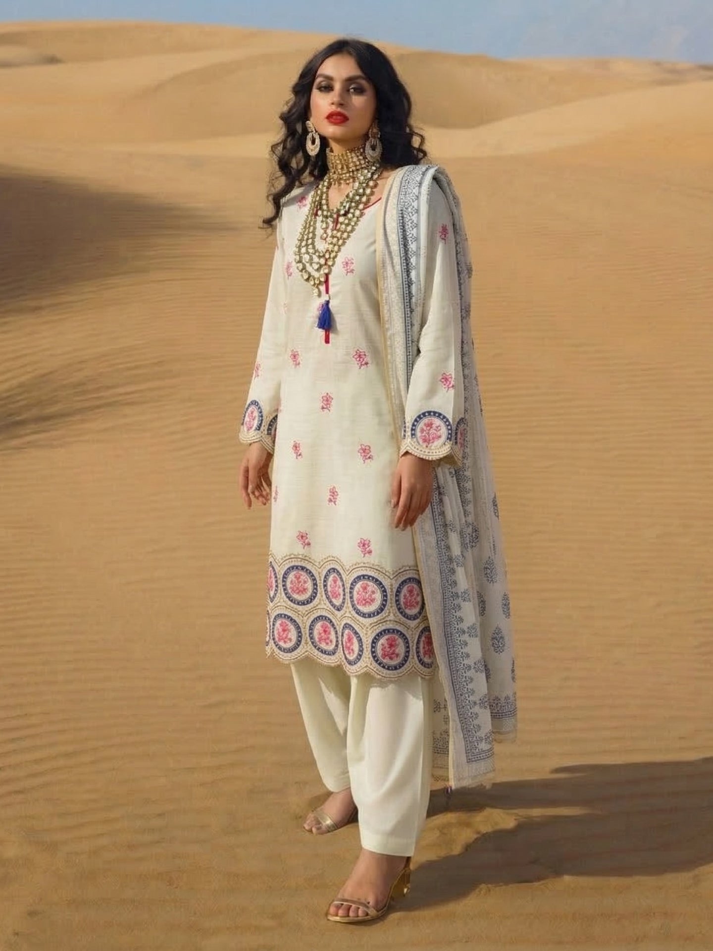 Ivory Floral Border Printed Kurta Set with Dupatta