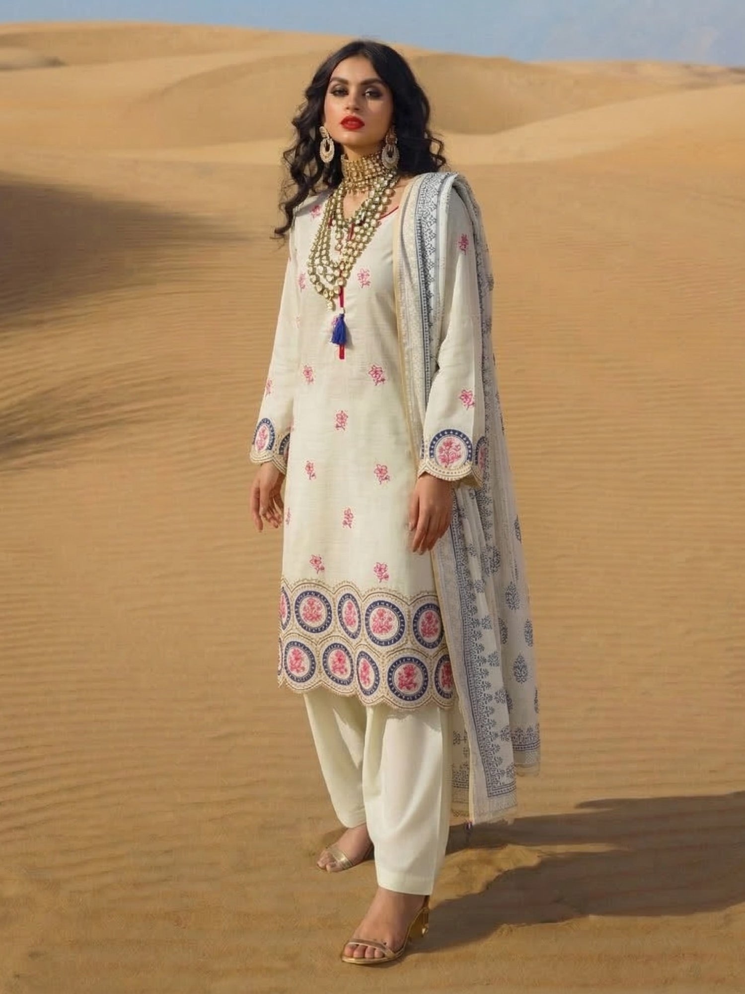 Ivory Floral Border Printed Kurta Set with Dupatta