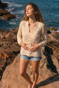 Sand Beige Sequin Embroidered Boho Top