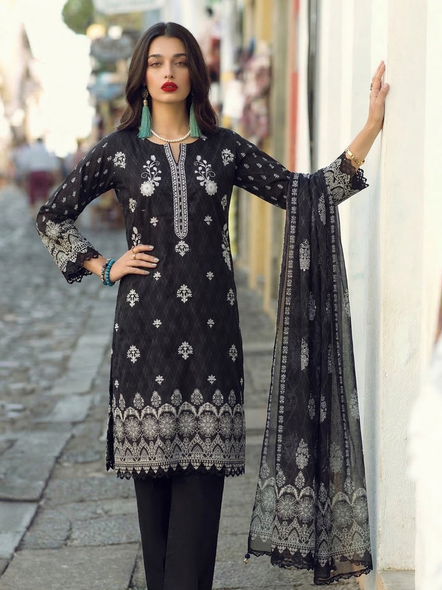 Charcoal Black Ethnic Printed Kurta Set with Dupatta