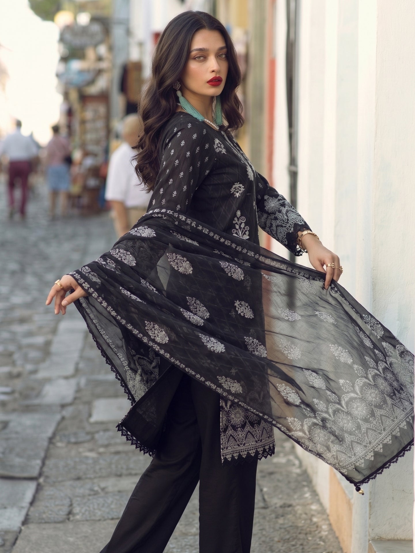 Charcoal Black Ethnic Printed Kurta Set with Dupatta