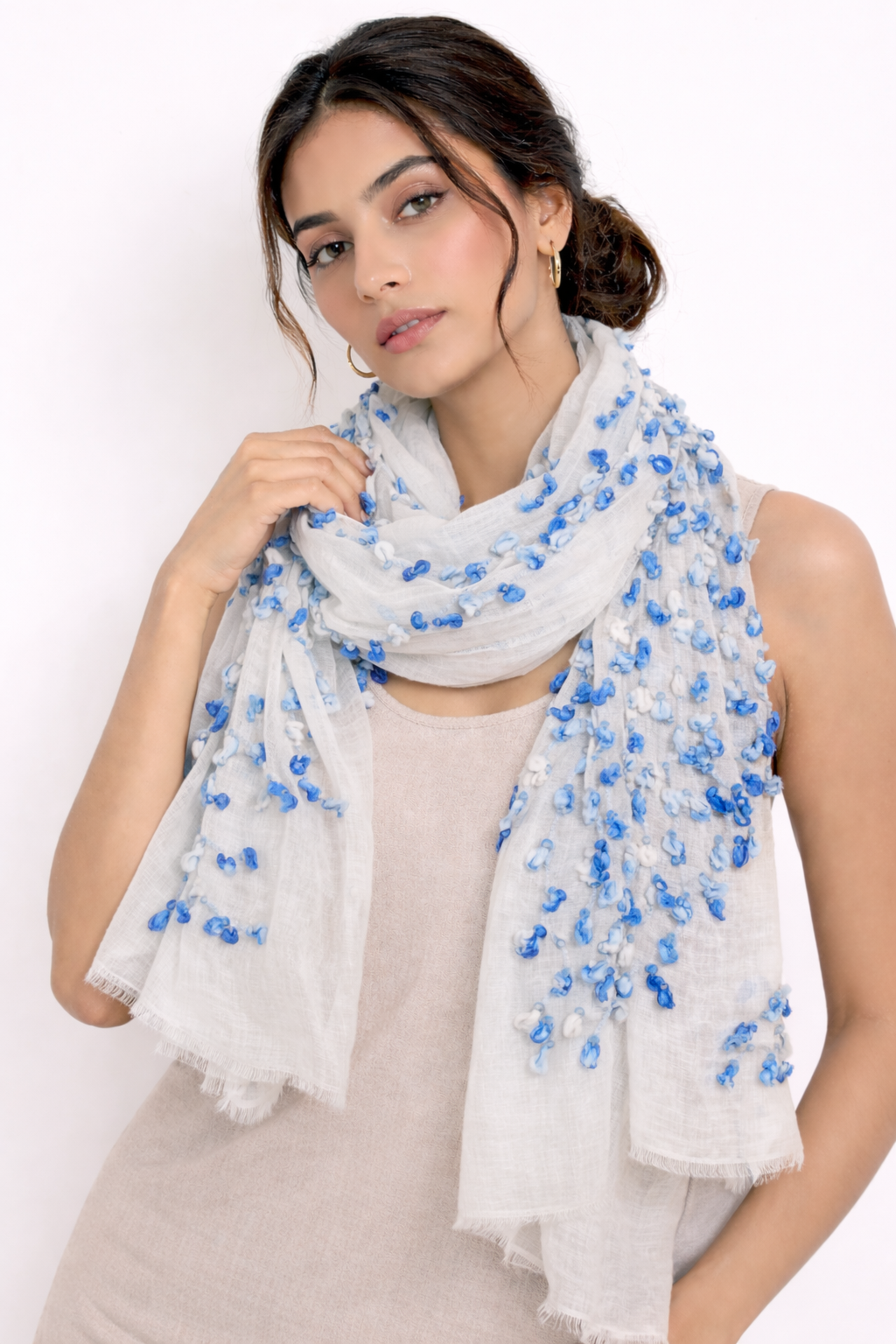 White & Blue Textured Pom-Pom Fashion Scarf