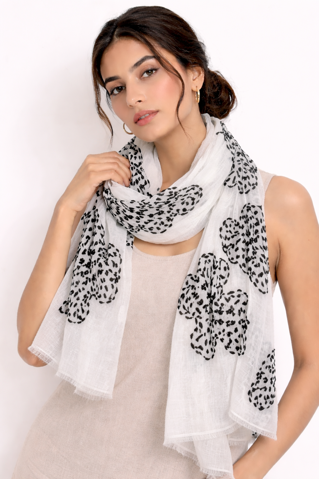 White & Black Abstract Floral Print Lightweight Scarf