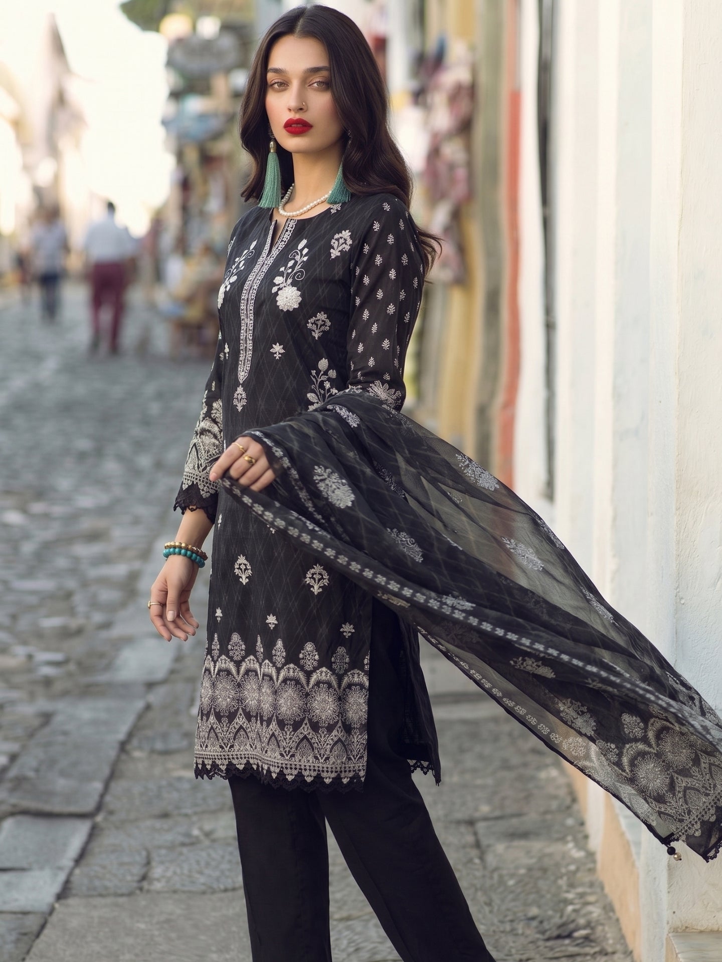 Charcoal Black Ethnic Printed Kurta Set with Dupatta