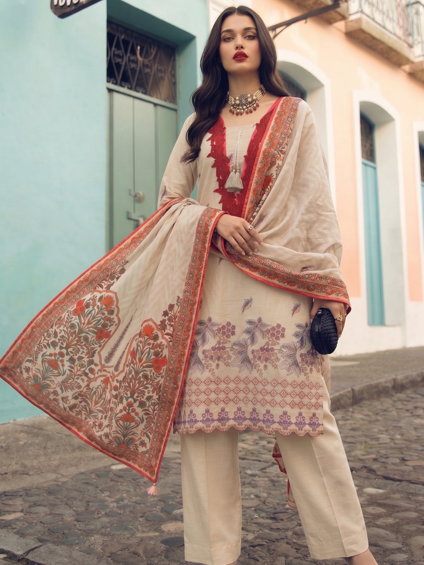 Beige Floral Embroidered Look Kurta Set with Printed Dupatta