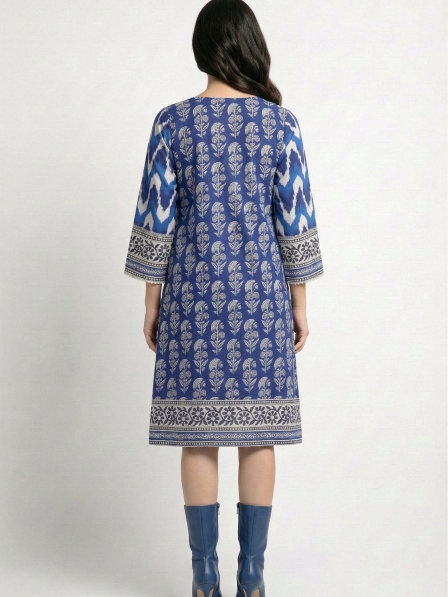 Indigo Floral Print Cotton Lawn Kurti Dress