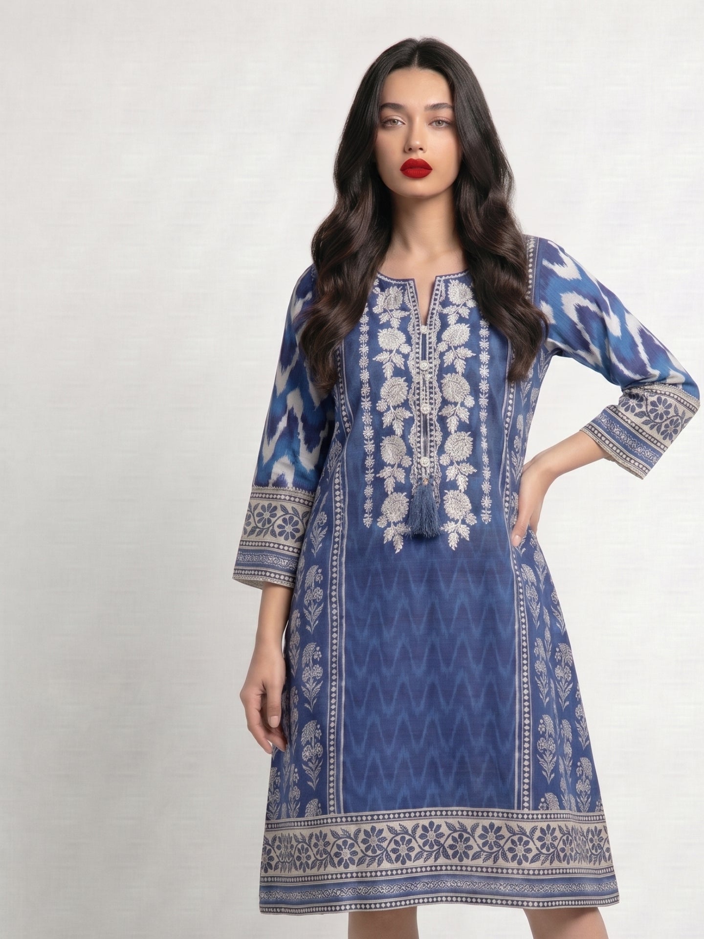 Indigo Floral Print Cotton Lawn Kurti Dress