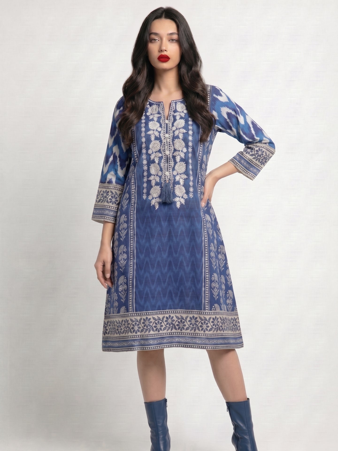 Indigo Floral Print Cotton Lawn Kurti Dress
