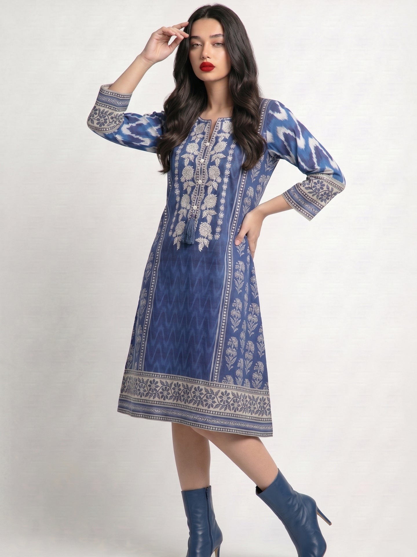 Indigo Floral Print Cotton Lawn Kurti Dress