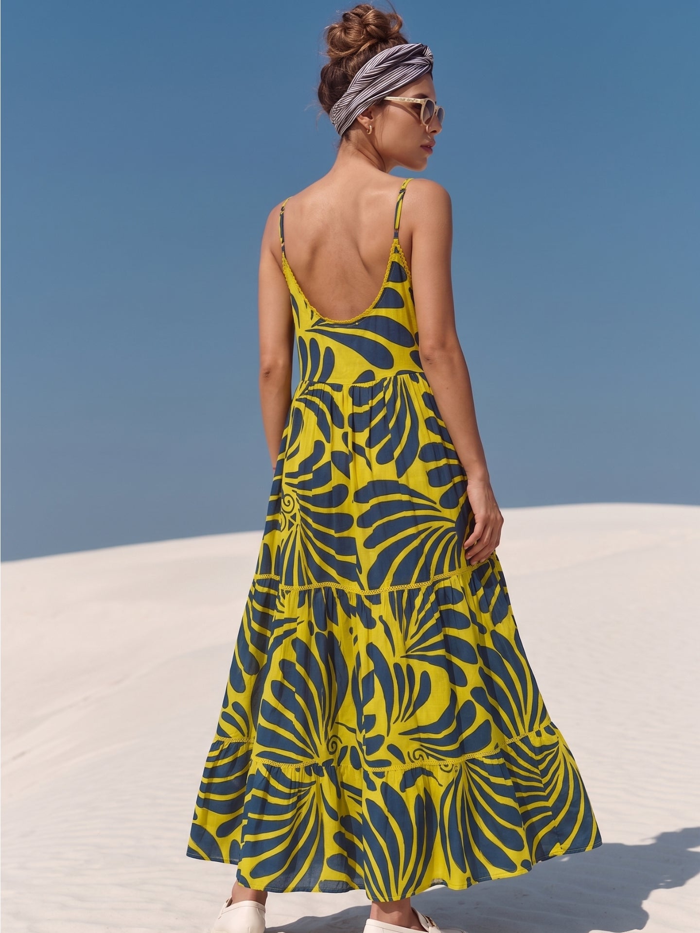 Yellow Tropical Print Empire Maxi Dress