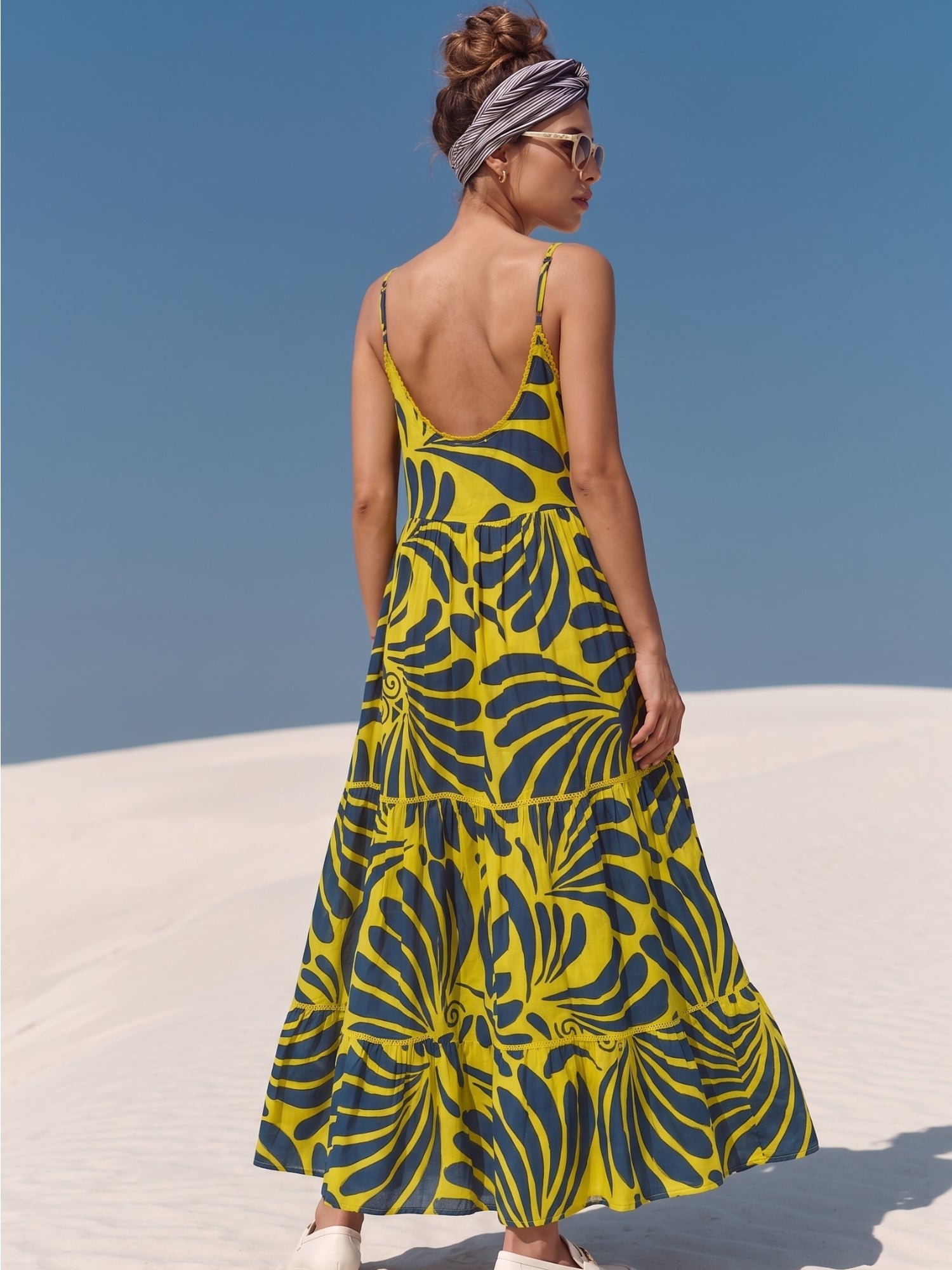 Yellow Tropical Print Empire Maxi Dress