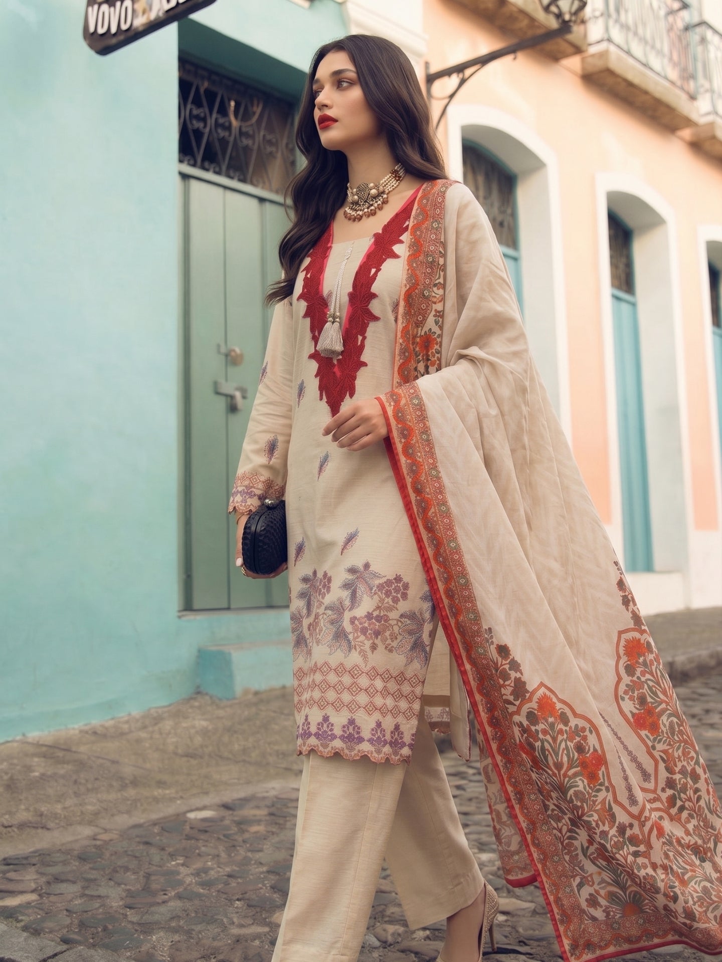 Beige Floral Embroidered Look Kurta Set with Printed Dupatta
