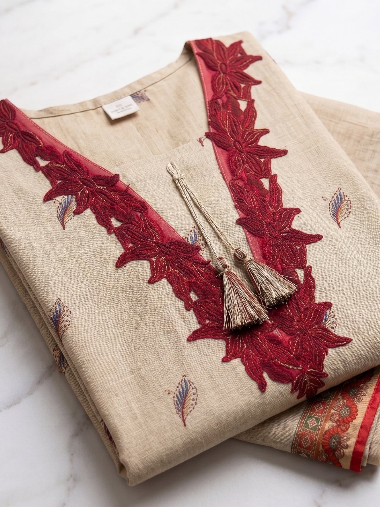 Beige Floral Embroidered Look Kurta Set with Printed Dupatta