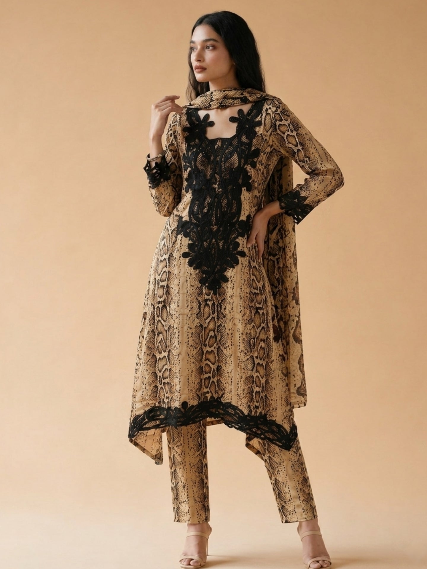 Beige Animal Print Designer Kurta Set with Appliqué Detail