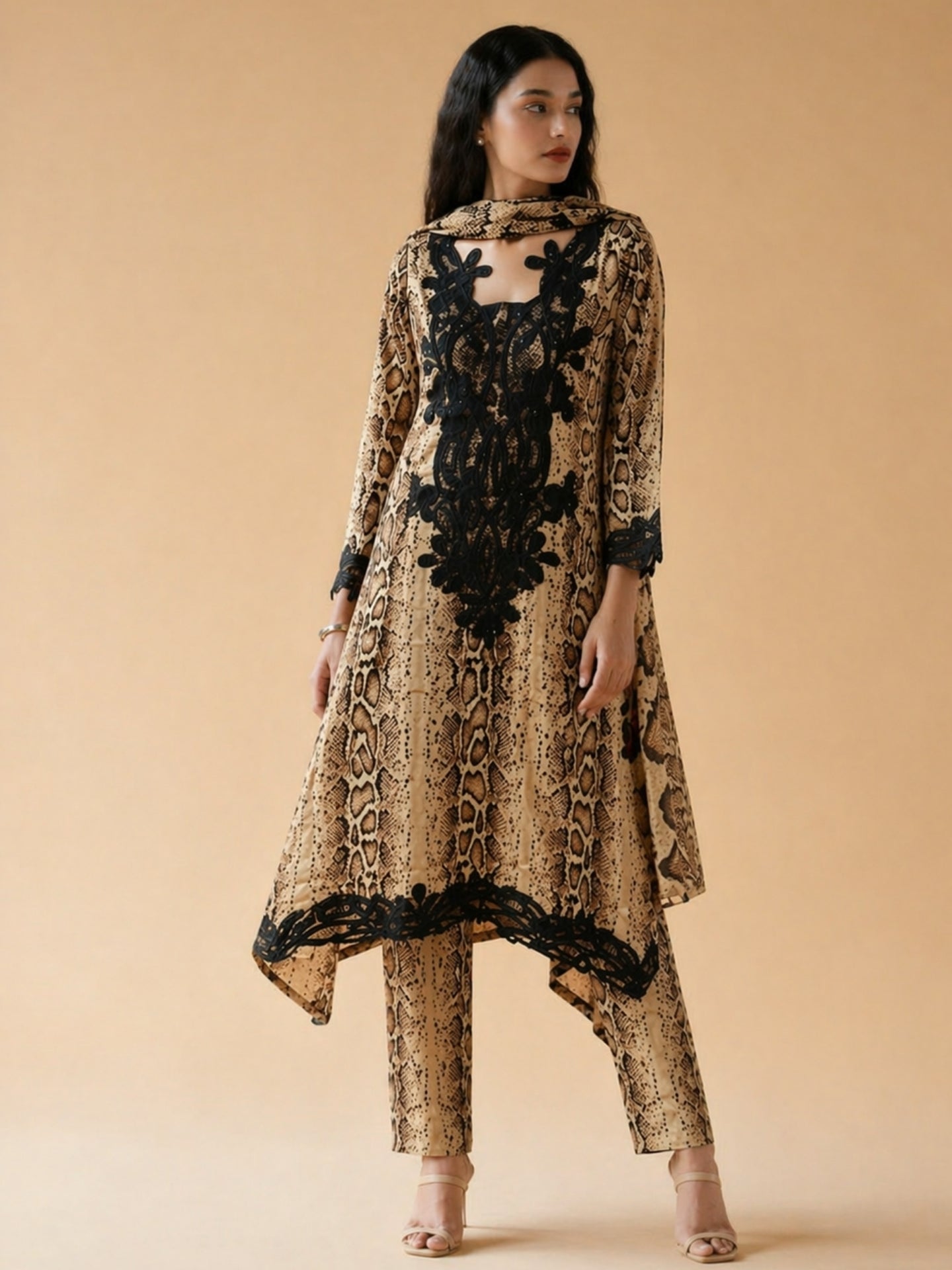 Beige Animal Print Designer Kurta Set with Appliqué Detail