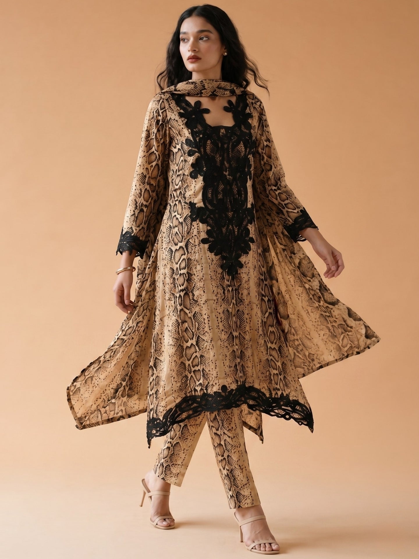 Beige Animal Print Designer Kurta Set with Appliqué Detail