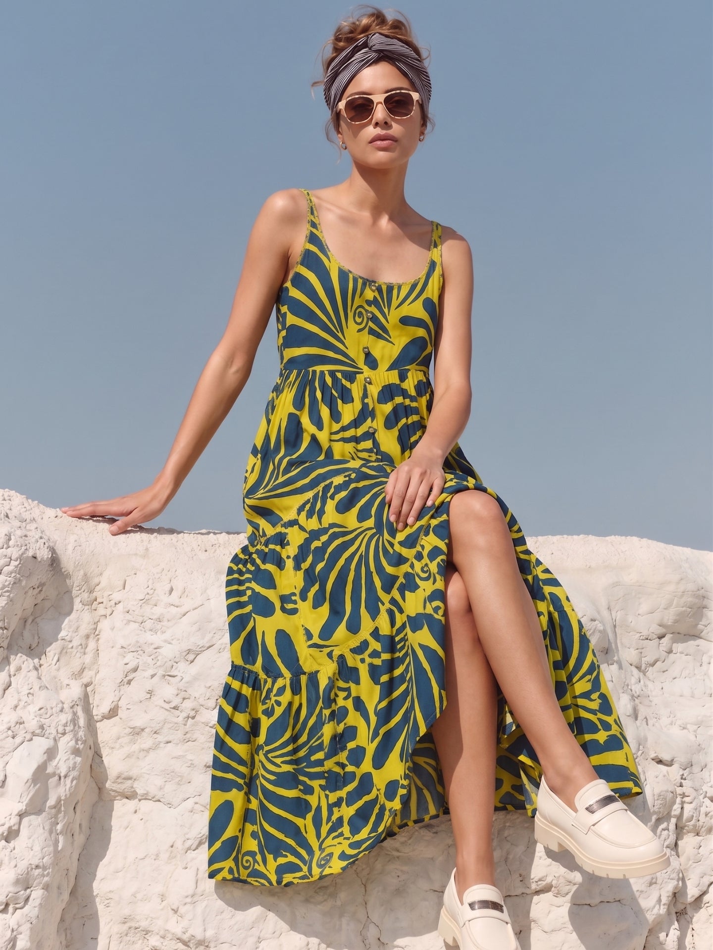 Yellow Tropical Print Empire Maxi Dress