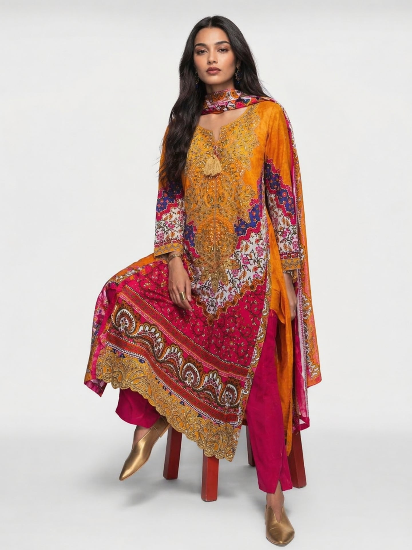 Mustard & Fuchsia Embroidered Festive Kurta Set with Dupatta