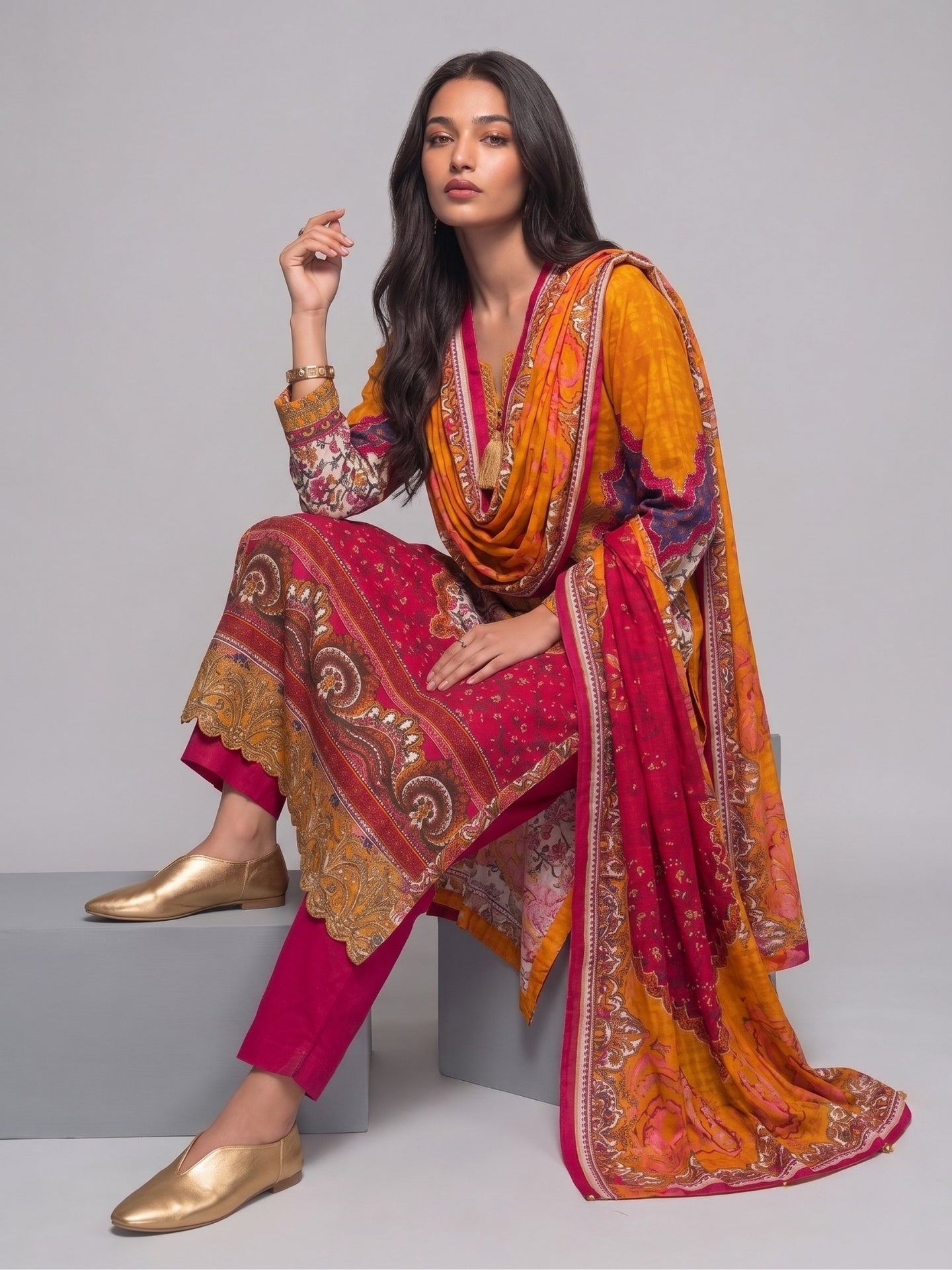 Mustard & Fuchsia Embroidered Festive Kurta Set with Dupatta