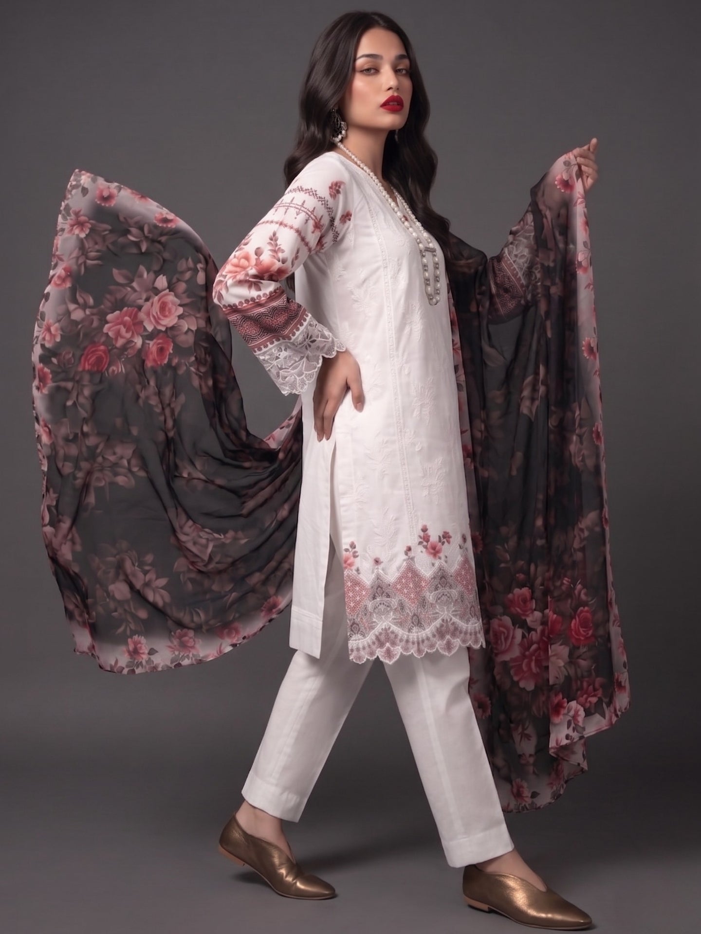 Ivory Floral Lace Detail Kurta Set with Printed Dupatta