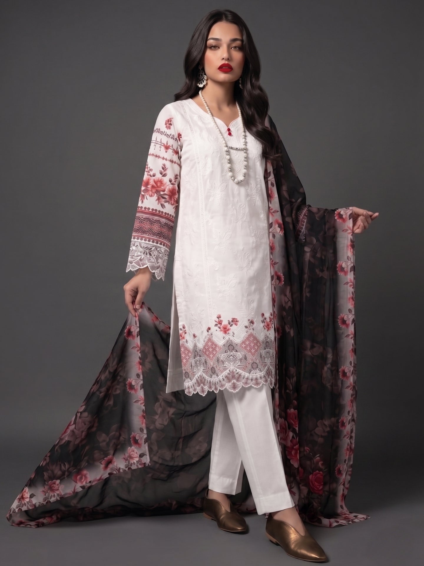 Ivory Floral Lace Detail Kurta Set with Printed Dupatta