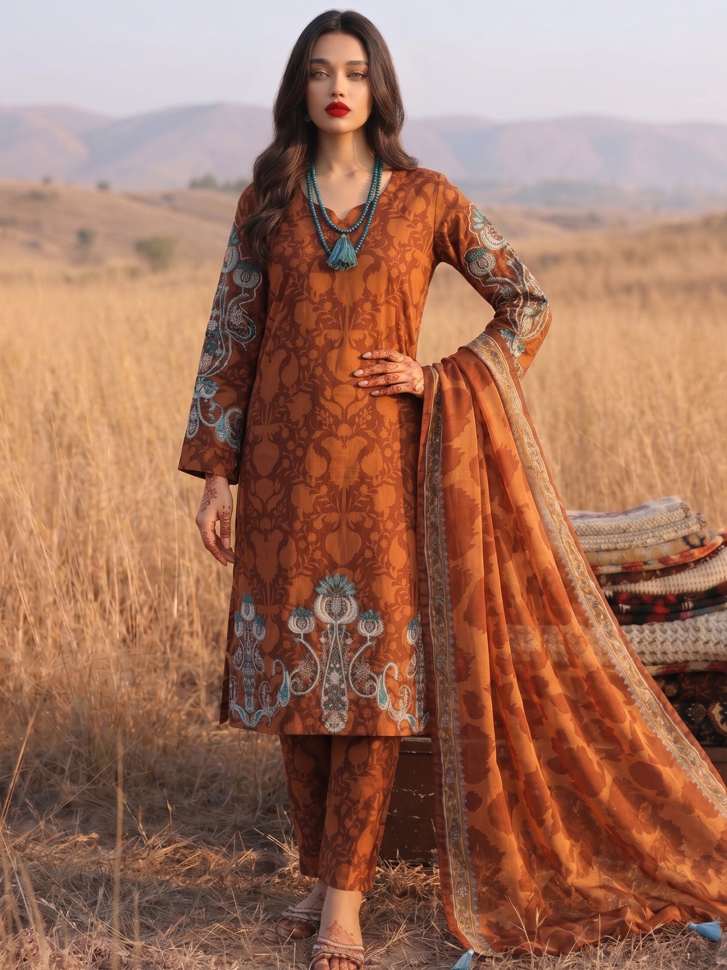 Cinnamon Brown Botanical Printed Cotton Lawn Suit Set