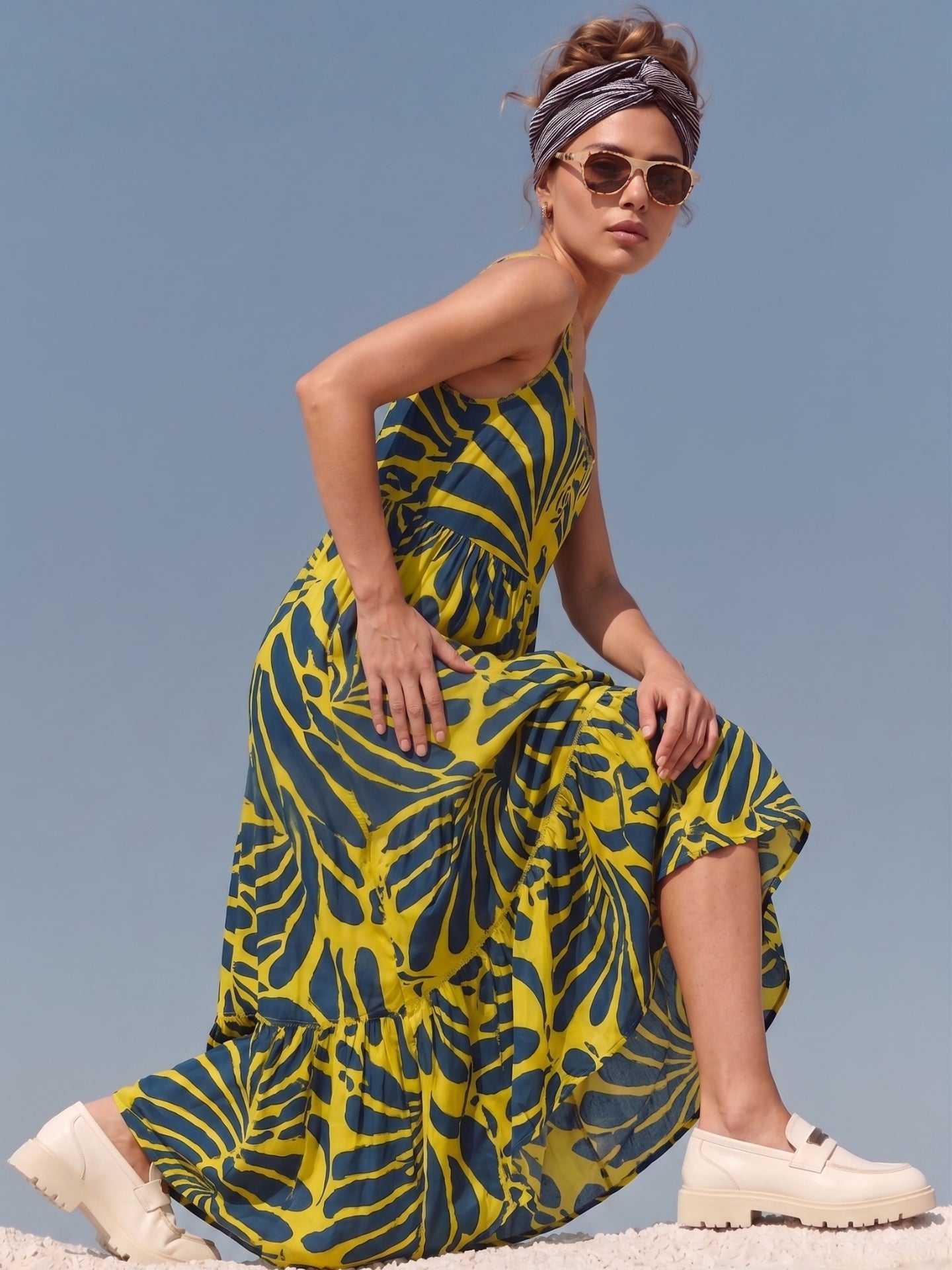 Yellow Tropical Print Empire Maxi Dress