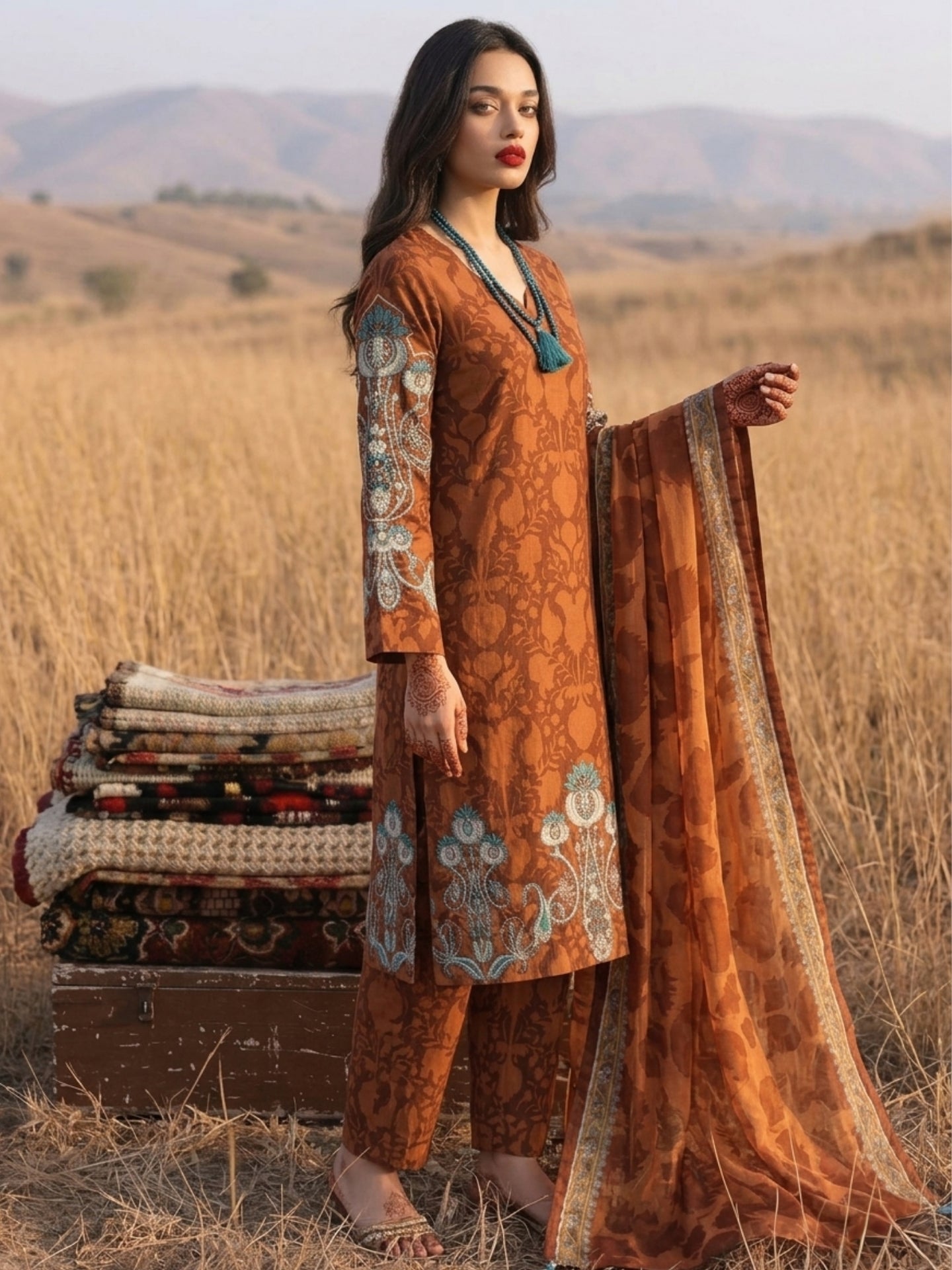 Cinnamon Brown Botanical Printed Cotton Lawn Suit Set