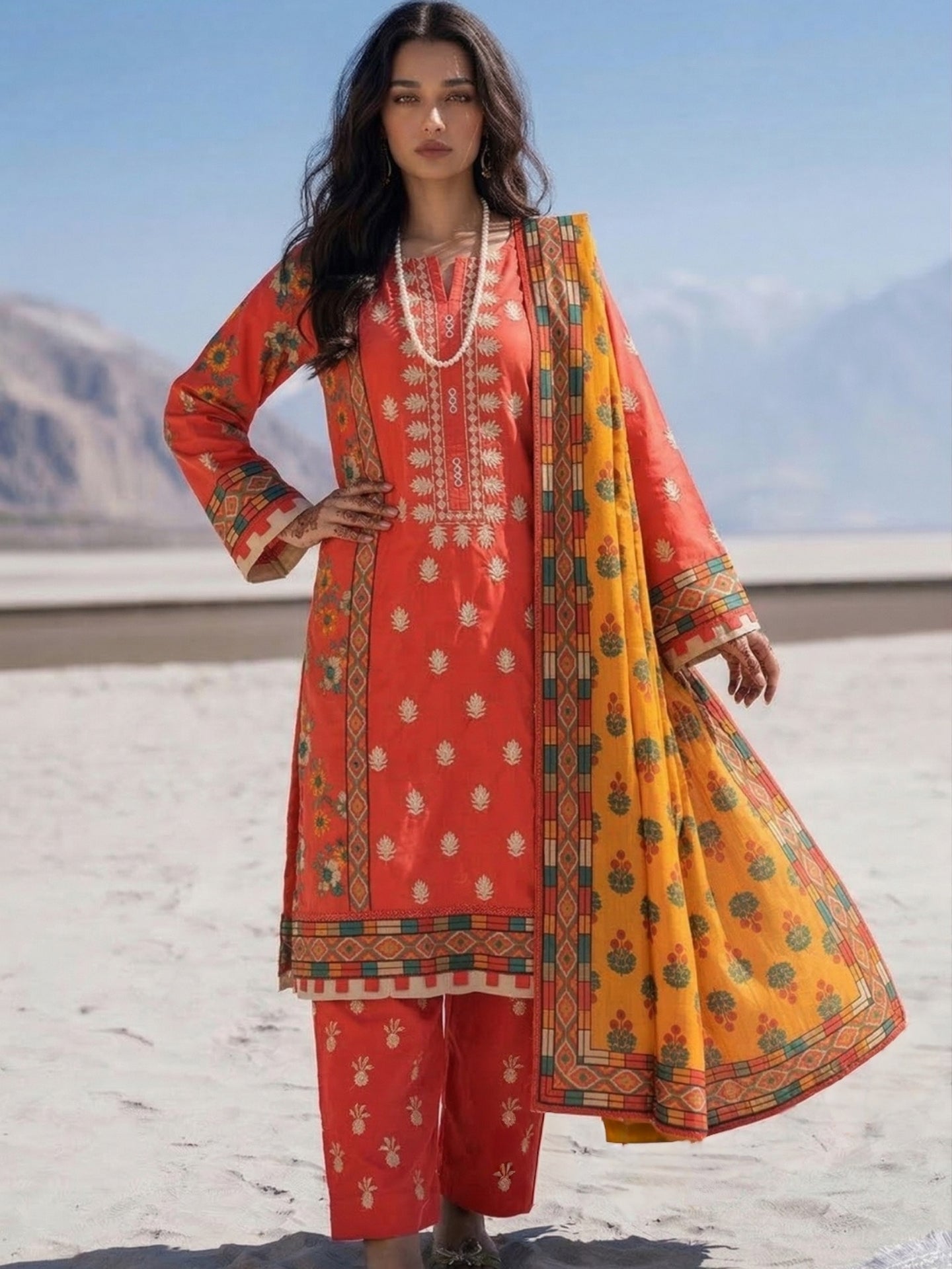 Coral Red Floral Printed Kurta Set with Mustard Dupatta