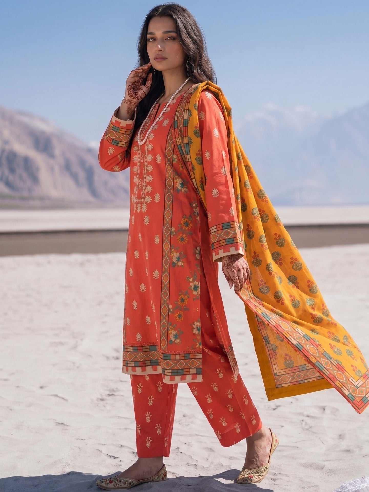 Coral Red Floral Printed Kurta Set with Mustard Dupatta